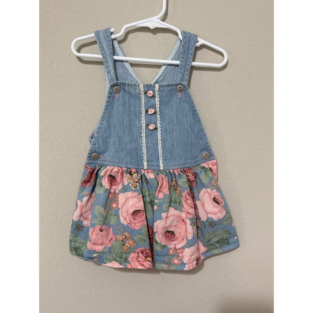 Vintage Denim Floral Jumper Dress Baby Girl 18 Months 90s Blue & Pink